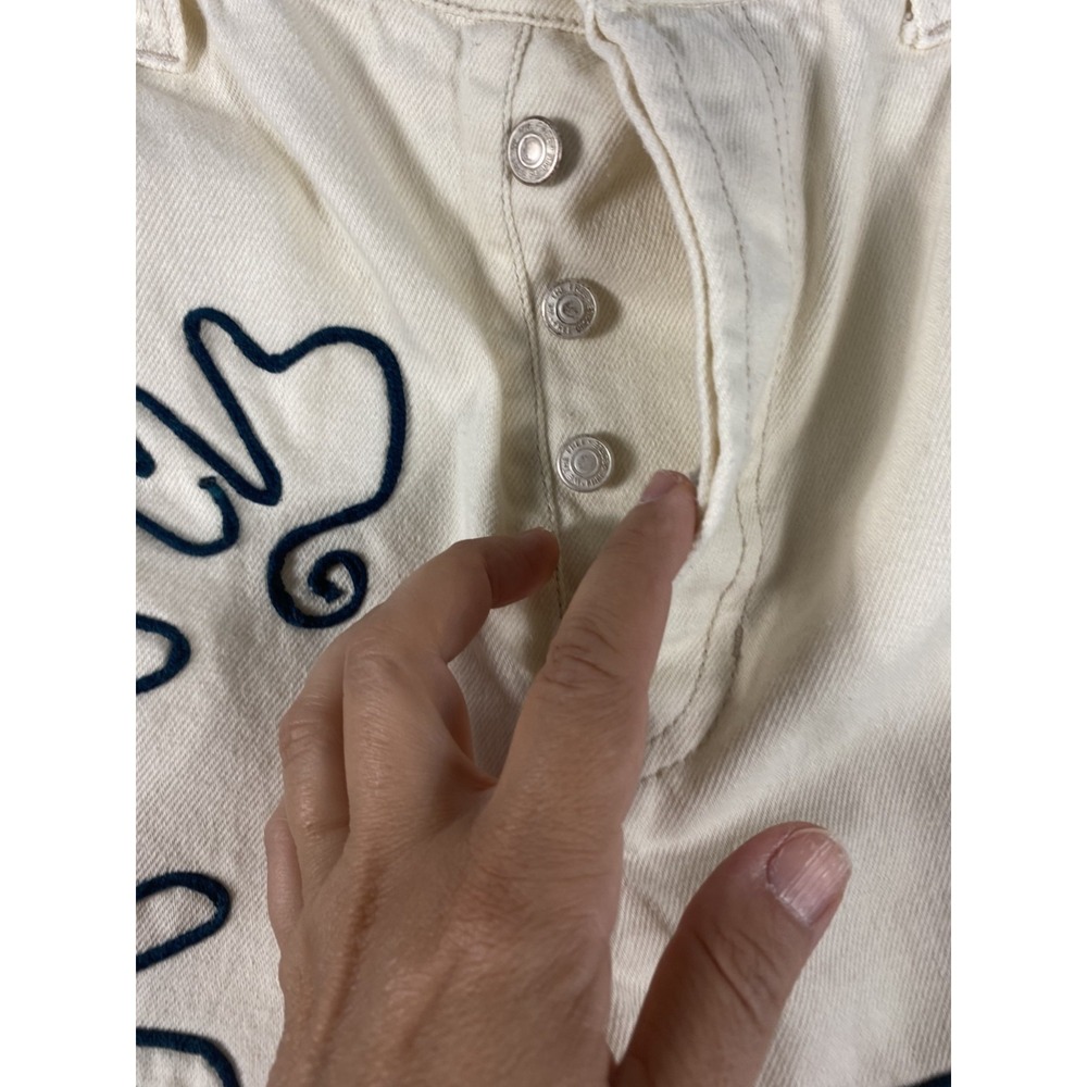 We The Free People Good Luck Soutache Barrel Jeans 31 Ivory Embroidered FLAW - Picture 10 of 16